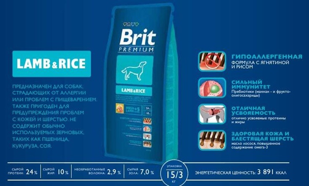 Корм для собак brit premium dog lamb & rice